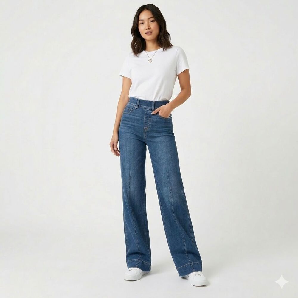 Spanx Front Seam Wide Leg Jeans Vintage Indigo Blue High Rise Pull On  XL